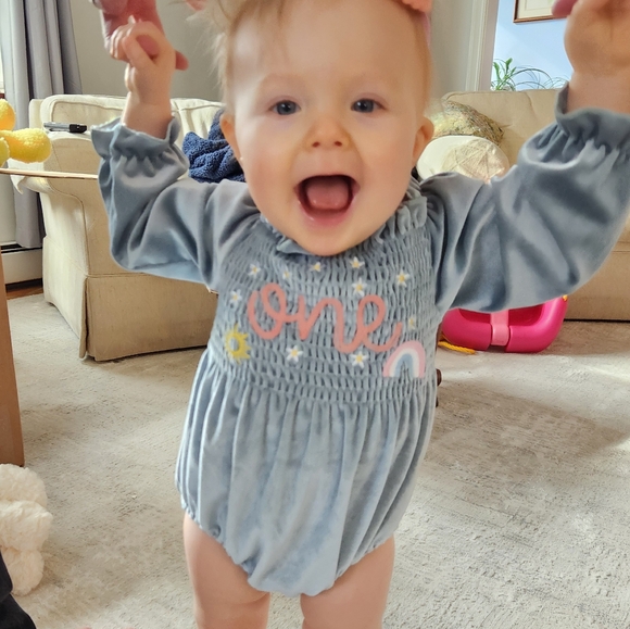 Baby Girl First Birthday Velvet Romper & Bow - Picture 4 of 4